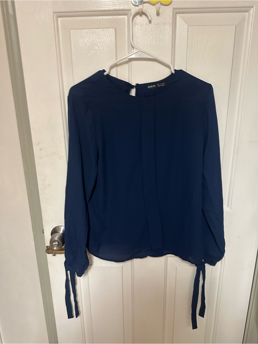 SHEIN Navy Blue Long Sleeve Blouse Shirt Top with Cuff Ties - Small